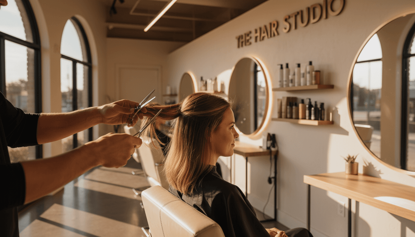 Professional stylist cutting hair at The Hair Studio in Fontana with precision and care