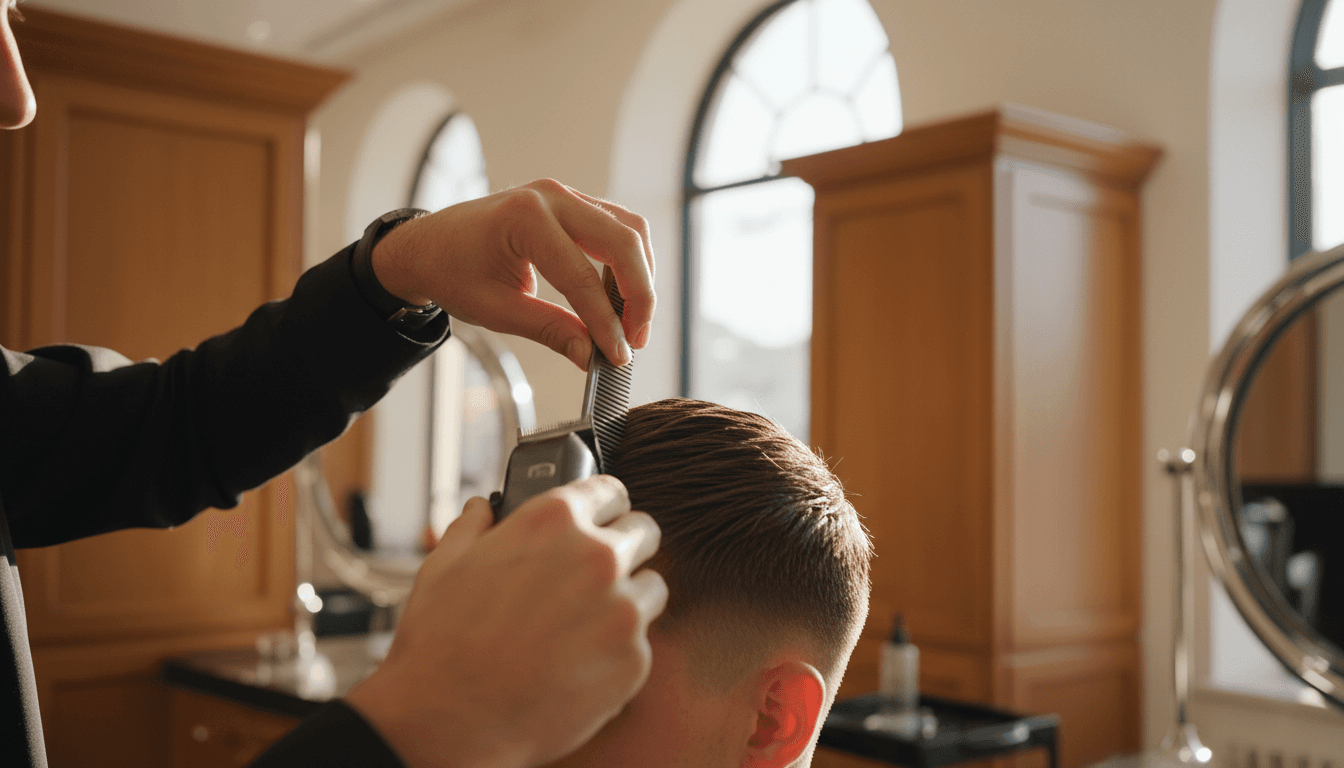 Expert stylist performing precision haircut at The Hair Studio in Fontana