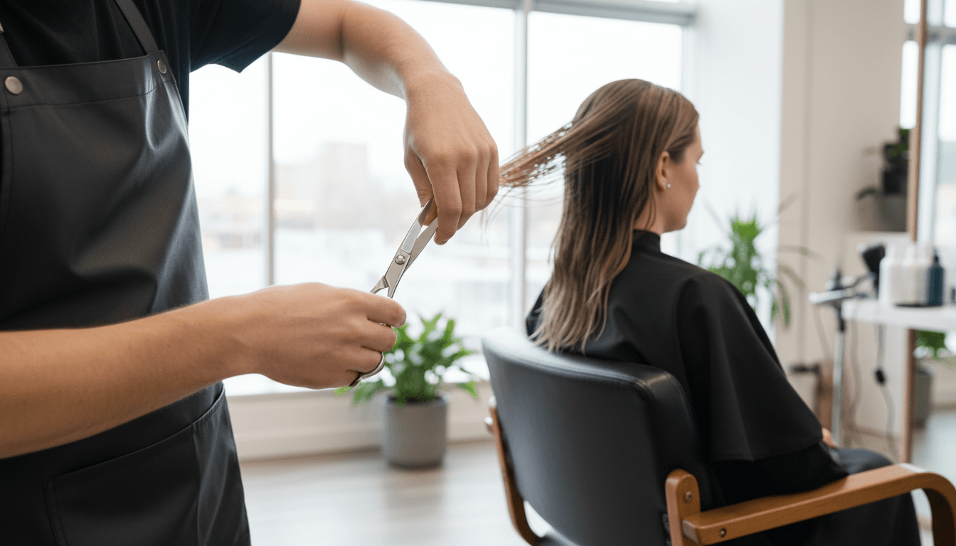 Professional stylist carefully cutting and shaping client hair with precision scissors in modern salon
