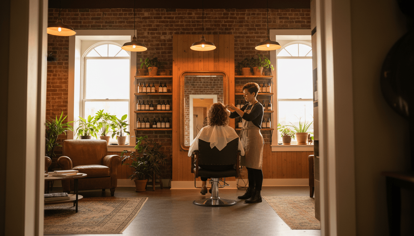 Experienced stylist finishing a client's haircut in a modern salon with warm lighting